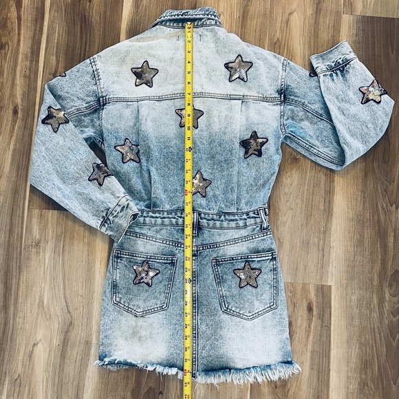 New Buddy Love Denim Dress. Raelynn style with Sequin stars, Mini, Raw edge hem - Picture 10 of 14